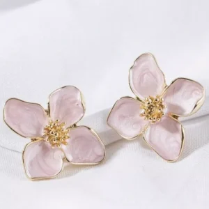 Blooming Flower Earrings - Gold, Pink Enamel - Boho Pastoral Style Jewelry