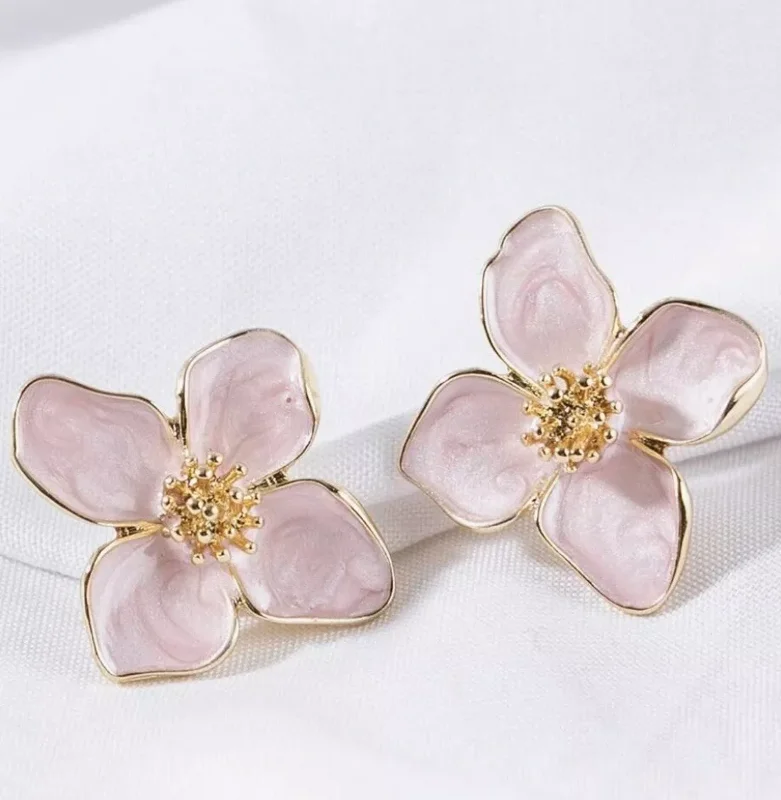 Blooming Flower Earrings - Gold, Pink Enamel - Boho Pastoral Style Jewelry
