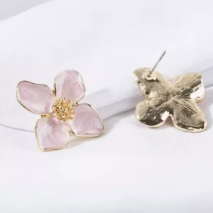 Blooming Flower Earrings - Gold, Pink Enamel - Boho Pastoral Style Jewelry