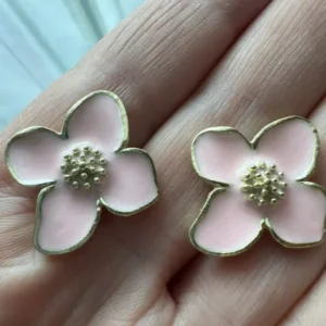 Blooming Flower Earrings - Gold, Pink Enamel - Boho Pastoral Style Jewelry