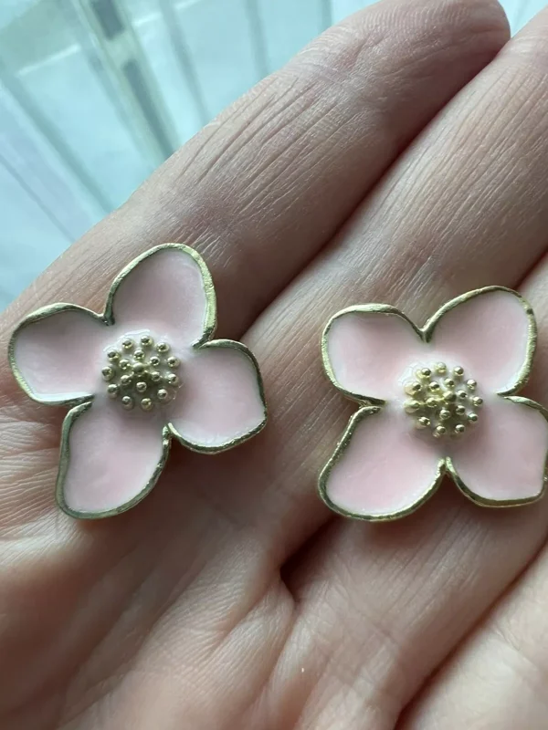Blooming Flower Earrings - Gold, Pink Enamel - Boho Pastoral Style Jewelry