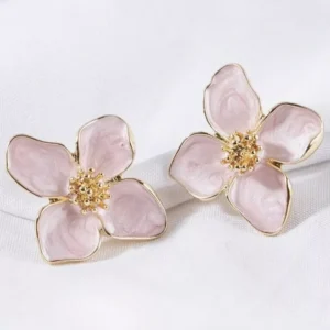 Blooming Flower Earrings - Gold, Pink Enamel - Boho Pastoral Style Jewelry