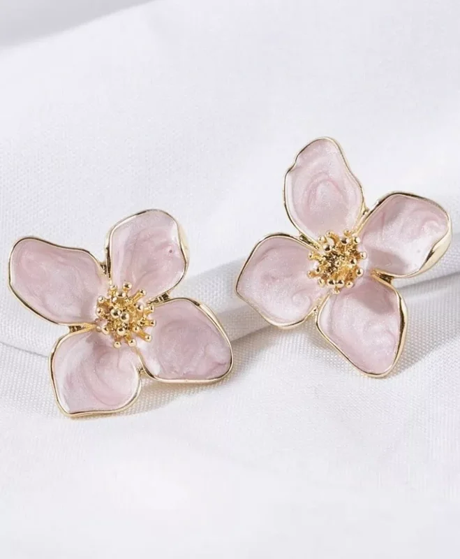 Blooming Flower Earrings - Gold, Pink Enamel - Boho Pastoral Style Jewelry