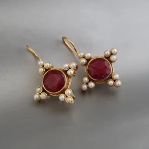 Edwardian Style Dangle Earrings Red Pearl Gold Plated Vintage Jewelry