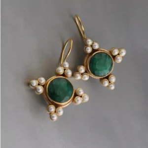 Edwardian Style Earrings Green Pearl Gold Dangle Drop Vintage