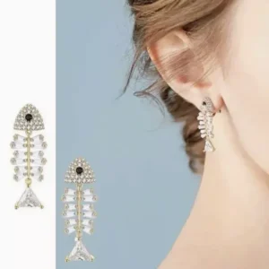 Fish Bone Earrings Sparkling Zirconia Crystal Gold Drop Dangle CZ Jewelry