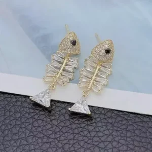 Fish Bone Earrings Sparkling Zirconia Crystal Gold Drop Dangle CZ Jewelry