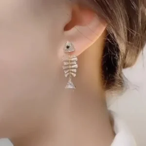 Fish Bone Earrings Sparkling Zirconia Crystal Gold Drop Dangle CZ Jewelry
