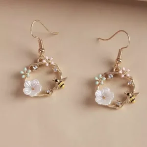 Flower Enamel Bee Earrings - Bumble Honeybee Hoop Drop - Gold Plated - Gift Boutique