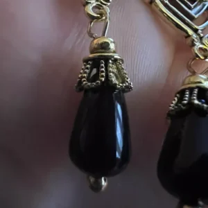 Geometric Gold Dangle Earrings Boho Black Court Beaded VTG Royal Palace Style. Drop Earrings Brass