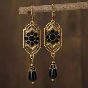 Geometric Gold Dangle Earrings Boho Black Court Beaded VTG Royal Palace Style. Drop Earrings Brass