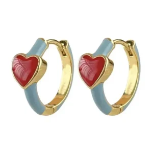 Heart Hoop Earrings Huggie Style Small Gold Plated Red Enamel 14k