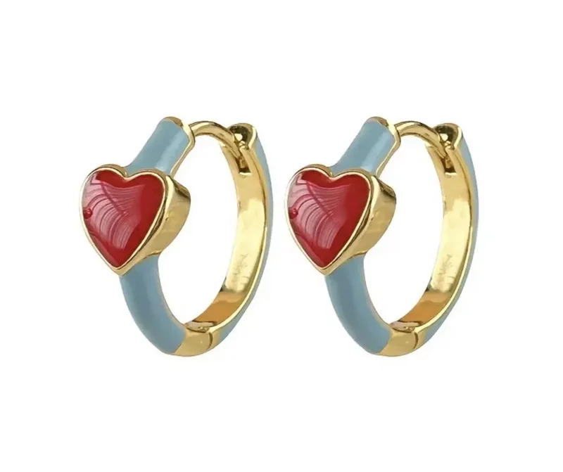 Heart Hoop Earrings Huggie Style Small Gold Plated Red Enamel 14k