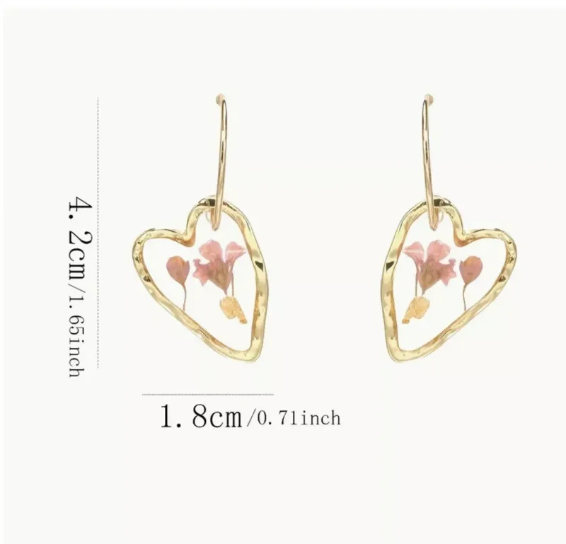 Hoop Earrings Dried Flower Heart Pendant Pink Gold Tone Dangle Drop Style