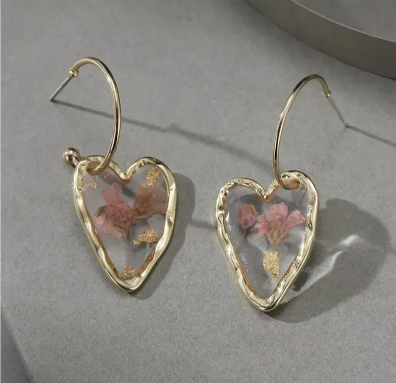 Hoop Earrings Dried Flower Heart Pendant Pink Gold Tone Dangle Drop Style