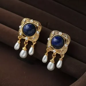 Lapis Lazuli Earrings: Pearl Square VTG Gold CZ Royal Court 14k Dangle Earrings