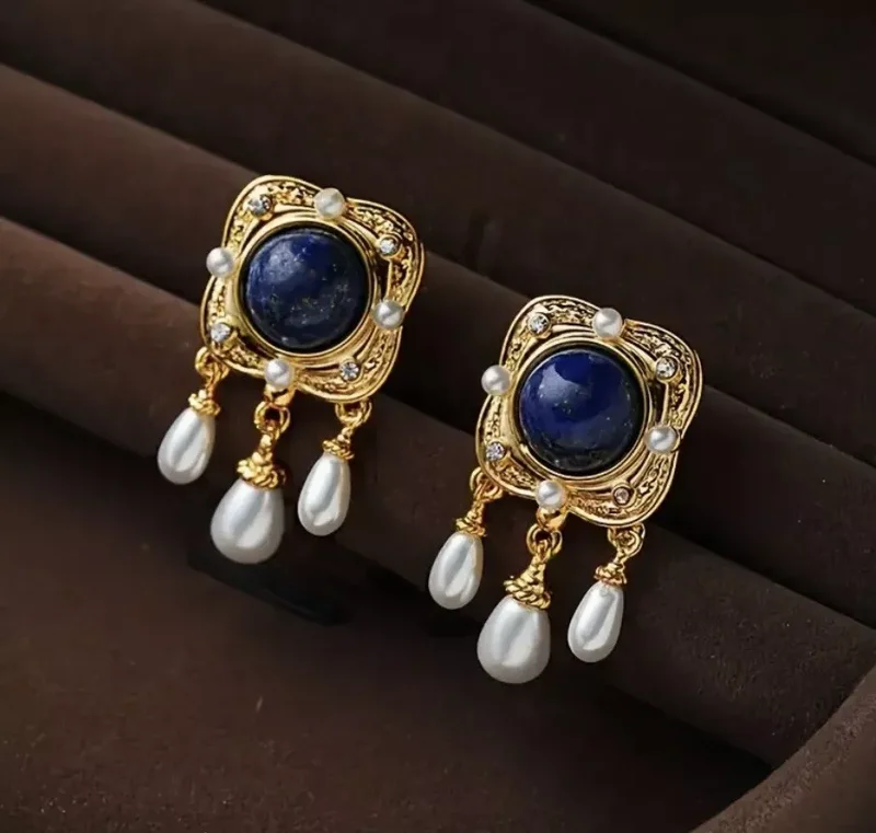 Lapis Lazuli Earrings: Pearl Square VTG Gold CZ Royal Court 14k Dangle Earrings