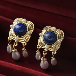Lapis Lazuli Earrings: Pearl Square VTG Gold CZ Royal Court 14k Dangle Earrings