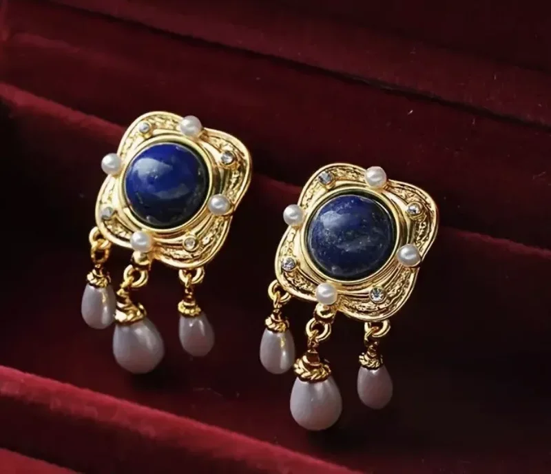 Lapis Lazuli Earrings: Pearl Square VTG Gold CZ Royal Court 14k Dangle Earrings