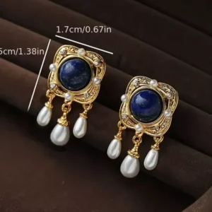 Lapis Lazuli Earrings: Pearl Square VTG Gold CZ Royal Court 14k Dangle Earrings