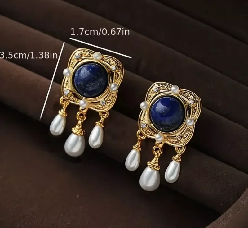 Lapis Lazuli Earrings: Pearl Square VTG Gold CZ Royal Court 14k Dangle Earrings