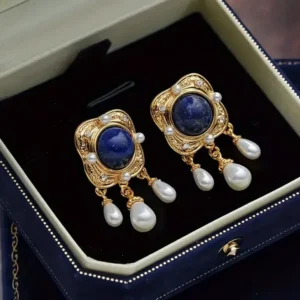 Lapis Lazuli Earrings: Pearl Square VTG Gold CZ Royal Court 14k Dangle Earrings