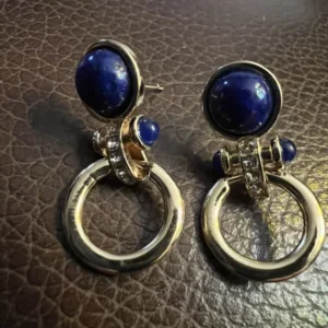 Lapis Lazuli Earrings Retro Gold Hoop Dangle Drop CZ Vintage Style
