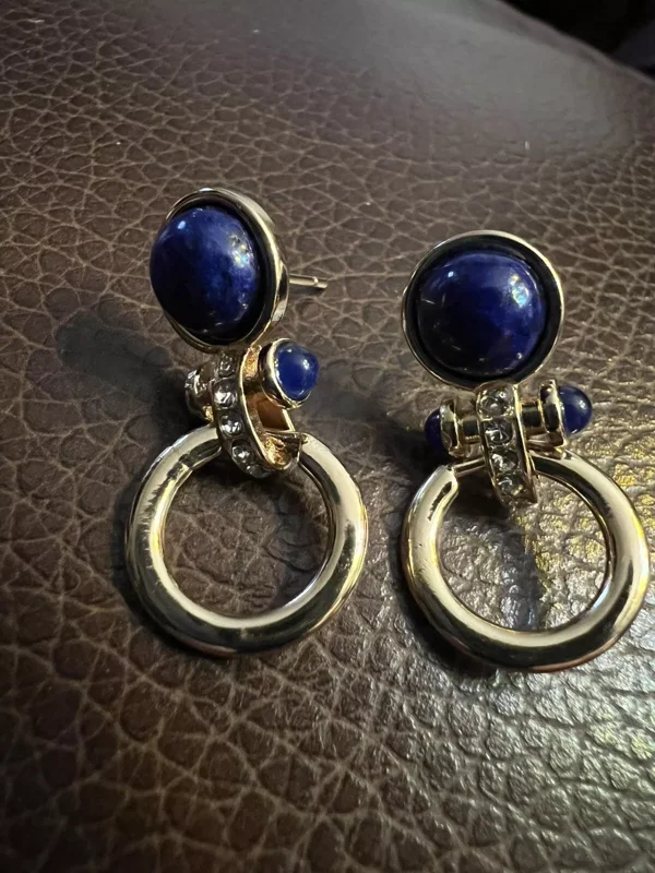Lapis Lazuli Earrings Retro Gold Hoop Dangle Drop CZ Vintage Style