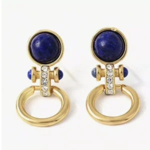 Lapis Lazuli Earrings Retro Gold Hoop Dangle Drop CZ Vintage Style