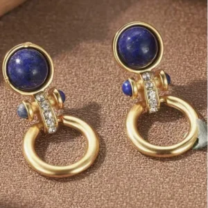 Lapis Lazuli Earrings Retro Gold Hoop Dangle Drop CZ Vintage Style