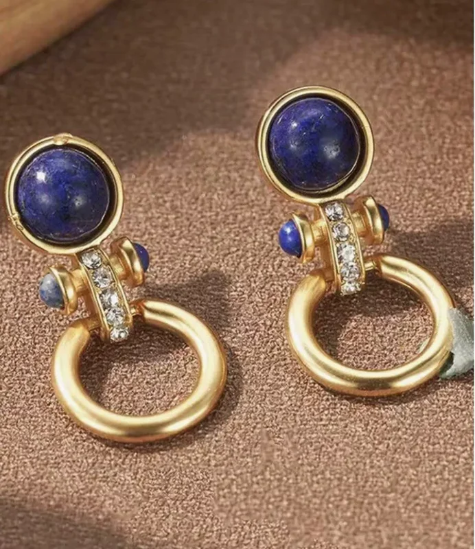 Lapis Lazuli Earrings Retro Gold Hoop Dangle Drop CZ Vintage Style