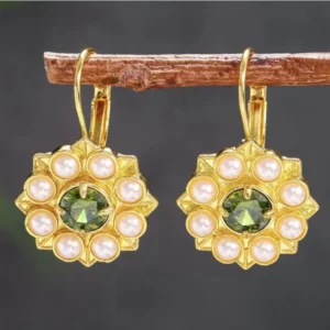 Museum Flower Earrings 18K Gold Peridot Pearl Dangle Drop Vintage Antique Art