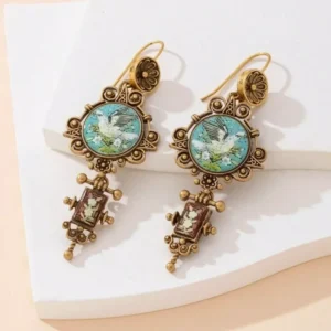 Ornate Dove Bird Earrings, Flower Vintage Palace Style, White Gold Tone, Court Royal Queen Jewelry