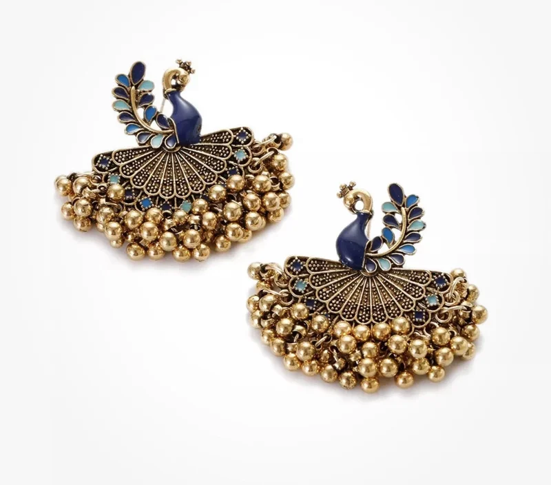 Peacock Earrings: Gold Art Nouveau Retro VTG CZ Deco Dangle Earrings