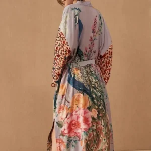 Peacock Kimono Robe - One Size - Purple Bird Floral Satin - Belted