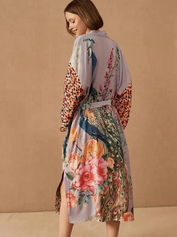 Peacock Kimono Robe - One Size - Purple Bird Floral Satin - Belted