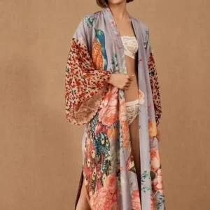 Peacock Kimono Robe - One Size - Purple Bird Floral Satin - Belted