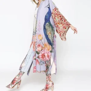 Peacock Kimono Robe - One Size - Purple Bird Floral Satin - Belted
