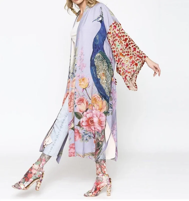 Peacock Kimono Robe - One Size - Purple Bird Floral Satin - Belted