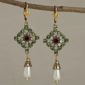 Pearl Earrings Geometric Crystal CZ VTG Green Palace Revival Retro Gold Dangle/Drop Style
