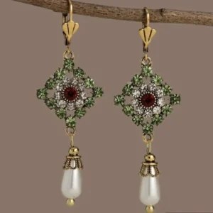 Pearl Earrings Geometric Crystal CZ VTG Green Palace Revival Retro Gold Dangle/Drop Style