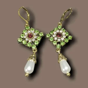 Pearl Earrings Geometric Crystal CZ VTG Green Palace Revival Retro Gold Dangle/Drop Style