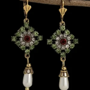 Pearl Earrings Geometric Crystal CZ VTG Green Palace Revival Retro Gold Dangle/Drop Style