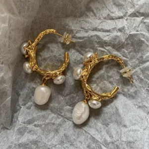 Pearl Hoop Earrings - Gold Dangle Stud Geo Irregular C-shape - Gift Boutique