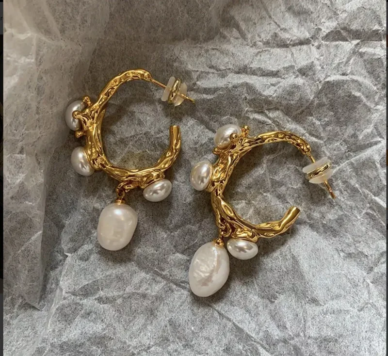 Pearl Hoop Earrings - Gold Dangle Stud Geo Irregular C-shape - Gift Boutique
