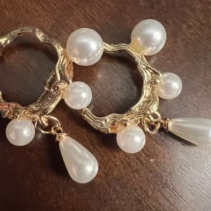 Pearl Hoop Earrings - Gold Dangle Stud Geo Irregular C-shape - Gift Boutique
