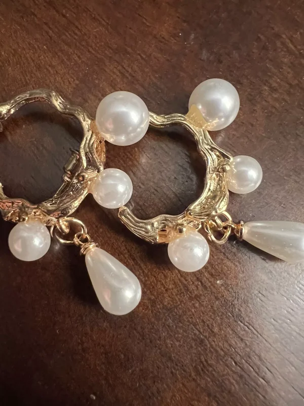 Pearl Hoop Earrings - Gold Dangle Stud Geo Irregular C-shape - Gift Boutique