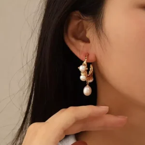 Pearl Hoop Earrings - Gold Dangle Stud Geo Irregular C-shape - Gift Boutique