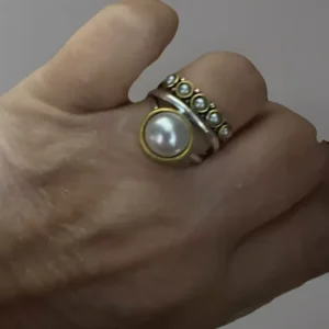 Pearl Ring Size 10, Silver-Gold Two Tone, Bezel Setting, Boho Style