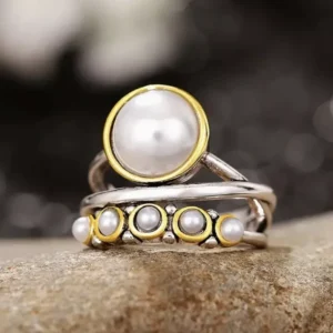 Pearl Ring Size 9 - Silver & Gold Bezel Ring - Boho Style Fashion Jewelry